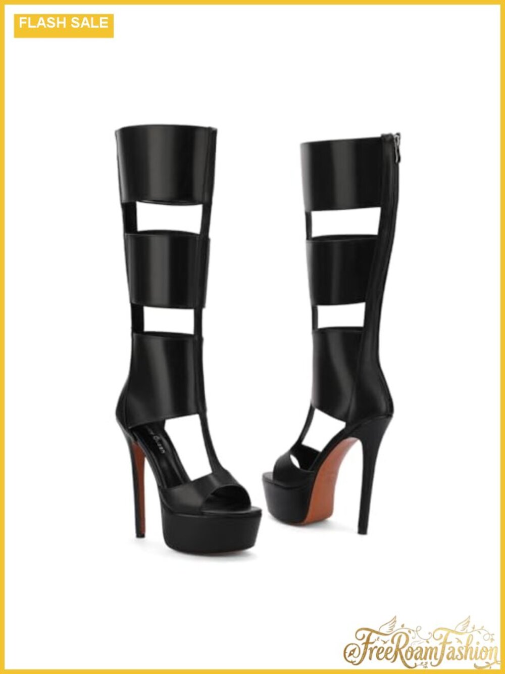 FancyQueen Platform Knee High Heels Faux Leather Gladiator Peep Toe Summer Boots - Picture 5 of 6
